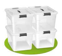 Juskys scatola per conservazione con coperchio - Set da 4 scatole in plastica 30l - Scatola grande, impilabile, trasparente - Sistema di organizzazione per conservazione