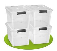 Juskys scatola per conservazione con coperchio - Set da 4 scatole in plastica 60l - Scatola grande, impilabile, trasparente - Sistema di organizzazione per conservazione