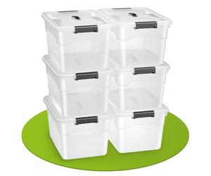 Juskys scatola per conservazione con coperchio - Set da 6 scatole in plastica 30l - Scatola grande, impilabile, trasparente - Sistema di organizzazione per conservazione