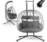 Juskys sedia sospesa doppia Aria - Sedia in polyrattan con telaio e cuscino - Grande dondolo per due persone - Per esterni e interni - Cesto grigio
