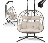 Juskys sedia sospesa doppia Aria - Sedia in polyrattan con telaio e cuscino - Grande dondolo per due persone - Per esterni e interni - Cesto beige