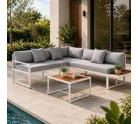 Juskys set di mobili St. Tropez - Per 4 persone - Tavolo, divano angolare e cuscini - Per balcone e giardino - Legno e bianco