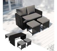 Juskys Set mobili da giardino 2in1 in polyrattan Jamaika - tavolo, divano lounge da giardino - set salotto da balcone per balcone, giardino - lounge da esterno nero grigio