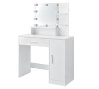 Juskys Tavolo da Trucco Zoey con Illuminazione LED, Specchio, Cassetto, 3 Scomparti e Armadietto, 90 x 38 x 137 cm, bianco, legno, Tavolo da Toilette Tavolo Cosmetico
