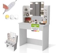 Juskys Tavolo da trucco Zoey con LED - Specchio grande con cornice, cassetto e ripiani - toeletta moderna e compatta - Bianco - con luce regolabile