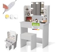 Juskys Tavolo trucco Zoey con sgabello Melly e LED - Specchio grande con cornice, cassetto e ripiani - design moderno - Bianco