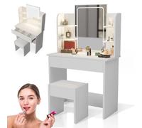 Juskys Tavolo trucco Zoey con sgabello Melly e specchio LED touch - Design compatto con cassetto, ripiani e illuminazione regolabile - Bianco