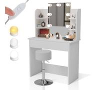 Juskys Tavolo trucco Zoey con sgabello Tonia e LED - Specchio grande con cornice, cassetto e ripiani - design moderno - Bianco