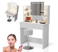 Juskys Tavolo trucco Zoey con sgabello Tonia e specchio LED touch - Design compatto con cassetto, ripiani e illuminazione regolabile - Bianco