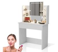 Juskys Tavolo trucco Zoey con specchio LED touch - Specchio grande con cornice, cassetto e ripiani - design moderno compatto - Bianco