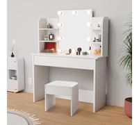 Juskys Toeletta Bella con illuminazione a LED, specchio, cassetto e 4 ripiani, 108 x 40 x 140 cm, legno, bianca, tavolino da trucco