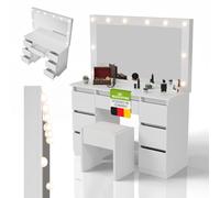Juskys Toeletta Lilia con specchio LED & sgabello Melly, 3 livelli di luce, 7 cassetti, molto spazio, design moderno, compatta e facile da pulire per il trucco - Bianco