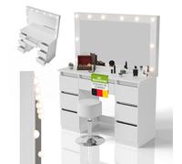 Juskys Toeletta Lilia con specchio LED & sgabello Tonia, 3 livelli di luce, 7 cassetti, molto spazio, design moderno, compatta e facile da pulire per il trucco - Bianco