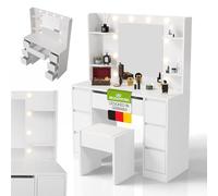 Juskys Toeletta Malia con specchio LED & sgabello Melly, 3 livelli di luce, 7 cassetti, molto spazio, design moderno, compatta e facile da pulire per il trucco - Bianco