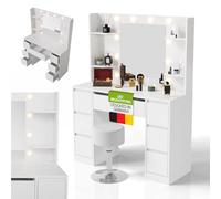 Juskys Toeletta Malia con specchio LED & sgabello Tonia, 3 livelli di luce, 7 cassetti, molto spazio, design moderno, compatta e facile da pulire per il trucco - Bianco