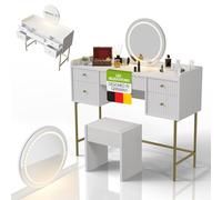 Juskys Toeletta Samira con sgabello Melly e specchio LED touch, 5 cassetti, molto spazio, design moderno, compatta e facile da pulire per il trucco - Bianco/Oro