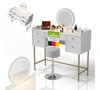 Juskys Toeletta Samira con sgabello Tonia e specchio LED touch, 5 cassetti, molto spazio, design moderno, compatta e facile da pulire per il trucco - Bianco/Oro