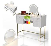 Juskys Toeletta Samira con specchio LED touch, 5 cassetti, molto spazio, design moderno, compatta e facile da pulire per il trucco - Bianco/Oro