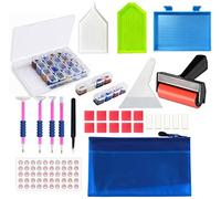 JUSONEY 33PCS Kit di pittura diamantata - borsa organizer, penne adesive, pinzetta a punta in metallo, scatole di immagazzinaggio a 28 slot, etichetta adesiva numerica, rullo, raschietto ...