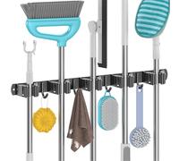 Juspota Porta Scope Parete Autoadesivo, Portascope da Muro con 5 Supporti e 4 Ganci, Appendi Scope a Muro in Acciaio Inox Avvitabile, Porta Mocio Salvaspazio, Nero