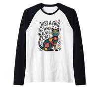 Just a Girl Who Loves Cats - Folk Art Style Kitty Maglia con Maniche Raglan