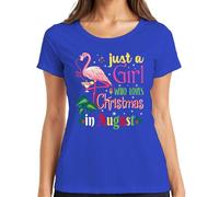 Just a Girl Who Loves Christmas in August Flamingo Tropical Beach - Maglietta da donna, Blu, L