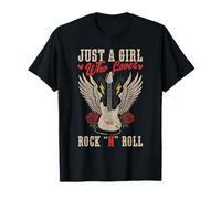 Just A Girl Who Loves Rock N Roll Chitarra Rock Music Vintage Maglietta