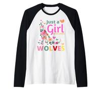 Just a Girl Who Loves Wolves Floral Howling Watercolor Wolf Maglia con Maniche Raglan