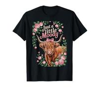 Just A Little Moody Highland Cow Floral Funny Quote Maglietta