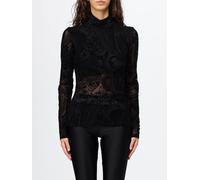 JUST CAVALLI Top dolcevita in tulle trasparente con ricami a tema floreale S Nero