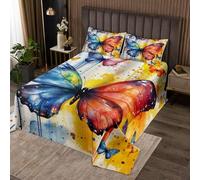 Just Contempo - Set di biancheria da letto matrimoniale, con motivo floreale e farfalle in stile fumetto, con motivo astratto, con motivo floreale e farfalle, colore blu e giallo (2 federe)