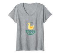 Just Ducky: Simpatica paperella di Gomma Gialla Divertente per Il Bagno Maglietta con Collo a V, Donna, Grigio Melange, S