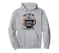 Just Give Me Coffee - Maglietta Divertente con Grafica Caffeine Addict Felpa con Cappuccio, Unisex per Adulti, Grigio Melange, L