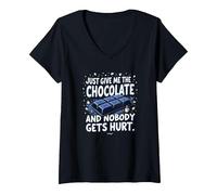 Just Give Me The Chocolate Funny Food Lover - Grafica Maglietta con Collo a V, Donna, Nero, XL
