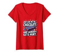 Just Give Me The Chocolate Funny Food Lover - Grafica Maglietta con Collo a V, Donna, Rosso, XL