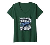 Just Give Me The Chocolate Funny Food Lover - Grafica Maglietta con Collo a V, Donna, Verde Foresta, M