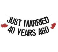 Just Married 40 Years Ago Banner, Happy 40th Wedding Anniversary Party Decorations, Cheers To 40 Years Anniversary Party Supplies Black Glitter