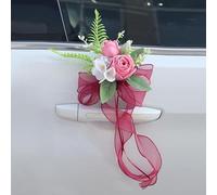 Just Married - Set di 2 fiori decorativi per maniglia della porta dell'auto, in seta artificiale, con foglia, fiocco in tulle, per addio al nubilato, decorazione per sposi (2, rosso)