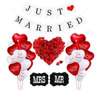Just Married - Set di decorazioni per matrimoni, 500 petali di rosa, segno MR e MRS, ghirlanda di striscioni a forma di cuore, per proposte di matrimonio, decorazione di nozze