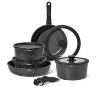 Just Perfecto Essential Batteria di Pentole 11 Pezzi, Manici Amovibili Padella con Casseruola Fonda, Padella, Tegame, Wok, Coperchi, Antiaderenti per Induzione,Lavastoviglie (Black)