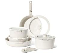 Just Perfecto Essential Batteria di Pentole 11 Pezzi, Manici Amovibili Padella con Casseruola Fonda, Padella, Tegame, Wok, Coperchi, Antiaderenti per Induzione,Lavastoviglie, Gas e Forno (Beige)