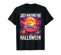 Just Waiting for Halloween Spooky Funny Summer Skeleton Maglietta