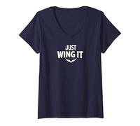 Just Wing It: Ali d'Angelo motivazionali Maglietta con Collo a V, Donna, Navy, L
