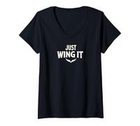 Just Wing It: Ali d'Angelo motivazionali Maglietta con Collo a V, Donna, Nero, L