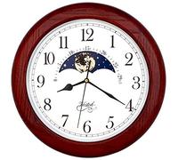 JUSTIME 14 Inch Exclusive Solid Oak Wood Non-Ticking Sweep Mechanical Specialty Moon Phase Moving Dial Wall Clock, Gift, Home Décor