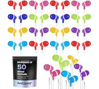 JustJamz Bubbles - Auricolari in-ear colorati con jack audio da 3,5 mm, per iPhone e computer portatili, ideali per studenti e bambini, confezione da 50