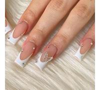 JUSTOTRY 24 chiodi per bara da incollare, lunghi con motivo a farfalla, bianco lucido, pressa sulle unghie, French Coffin, unghie artificiali, ballerina, unghie finte lunghe per donne nail art