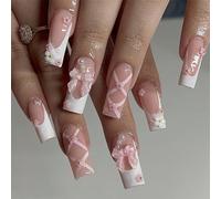 JUSTOTRY 24 chiodi per bara da incollare, lunghi con motivo floreale, bianco lucido, pressa sulle unghie, French Coffin, unghie artificiali, ballerina, unghie finte lunghe per donne nail art