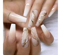 JUSTOTRY 24 Pcs Marbre Faux Ongles Longs, Or Swirl French Press on Nails Patterns, Pretty Medium Ballerina Stick on Nails for Women, Acrylique Cercueil Faux Ongles avec Colle pour Nail Art