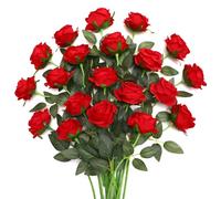 Justoyou - 20 rose artificiali rosse, in seta, con stelo, bouquet di rose artificiali realistiche, ideale per la casa, tavolo, ufficio, feste, matrimoni, giardini (rose in fiore rosse)